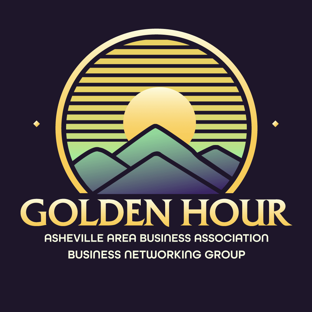 Mountain sunset logo for Asheville Area Business Association Golden Hour networking group.