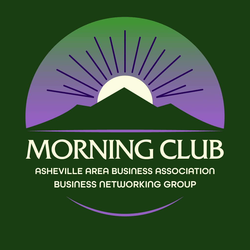 Mountain sunrise logo with purple rays for Asheville Area Business Association.