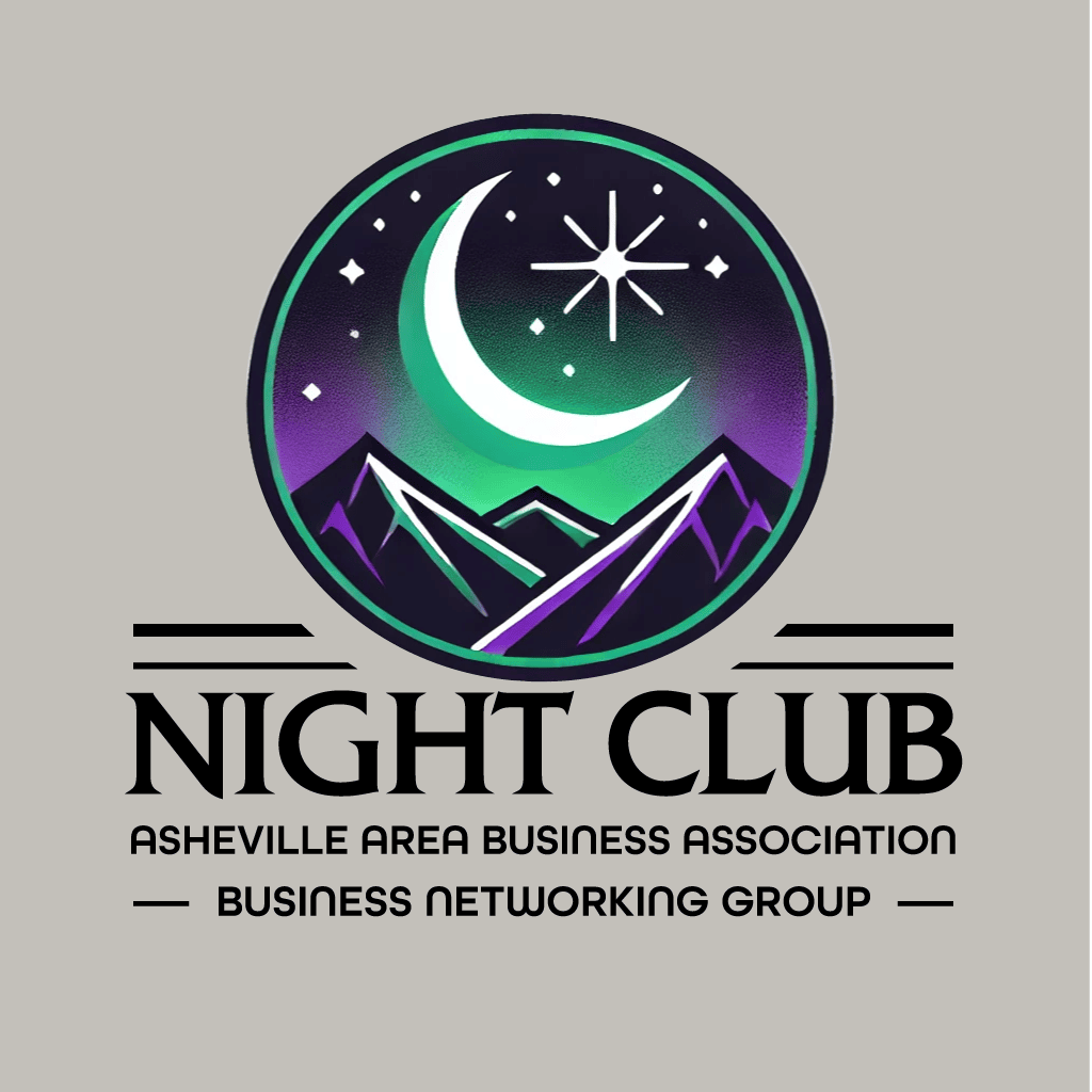 Night club logo featuring mountains, moon, stars, and vibrant colors representing Asheville Area Business Association, a business networking group.