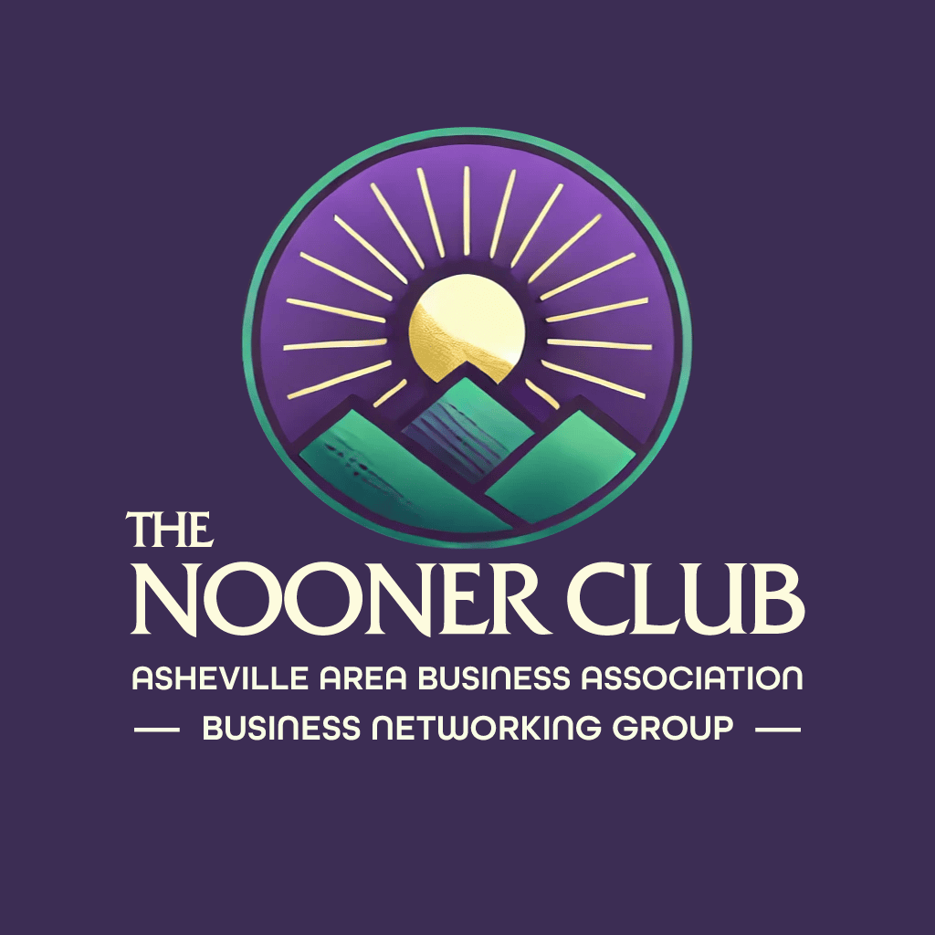 Nooner Club Asheville Area Business Association logo with mountain and sunset graphic.