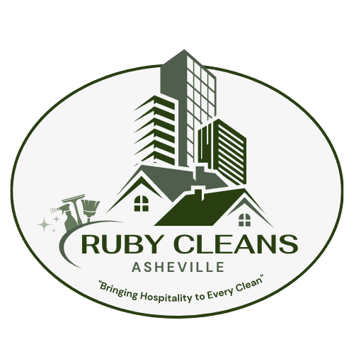 Ruby cleans logo with buildings and house illustration, Asheville area business association branding.