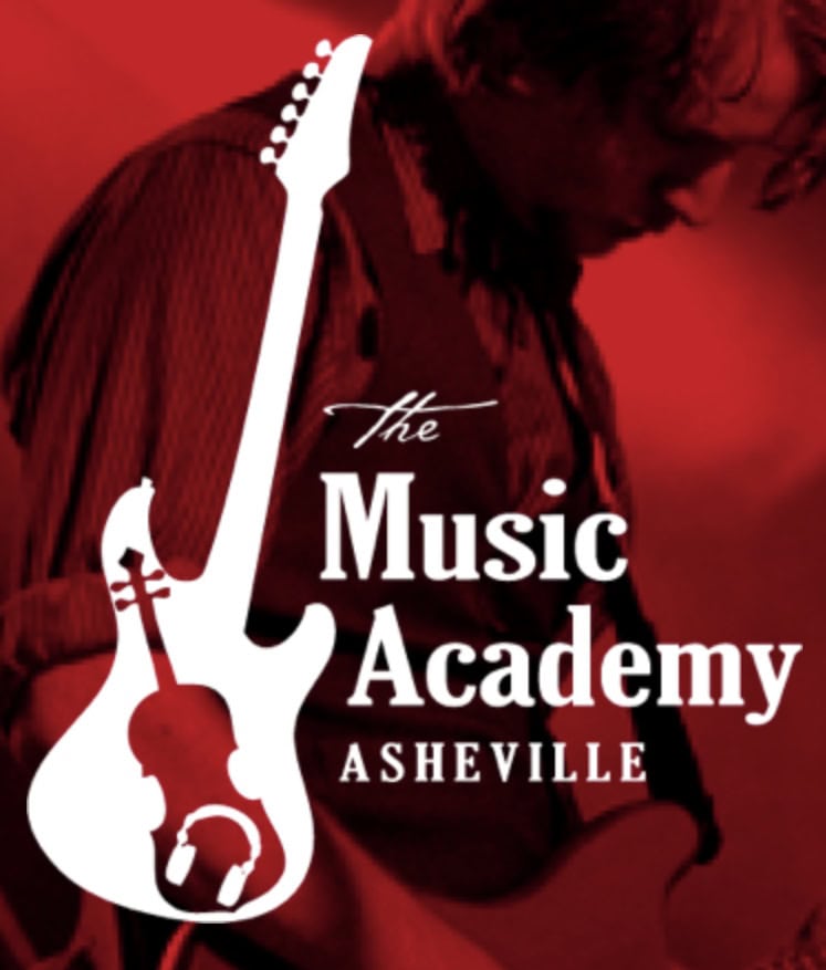 Guitar and headphones icon over a red background with a person, promoting Music Academy Asheville.