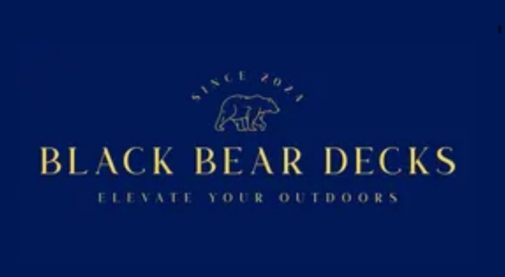 Black Bear Decks logo with bear graphic and outdoor living message.