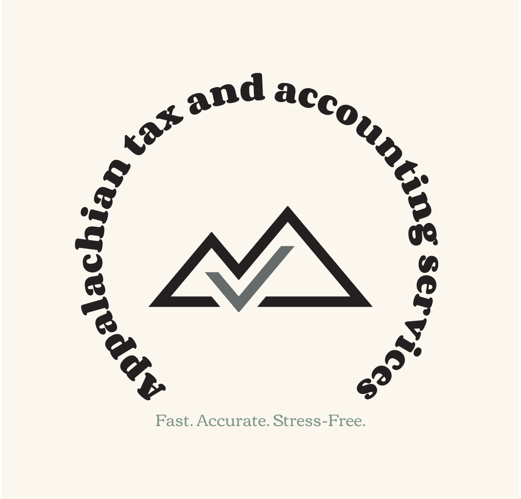 Tax and accounting business logo with mountain design and circular text.
