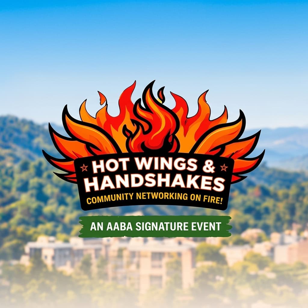 Hot Wings & Handshakes community networking event with flames and city background.